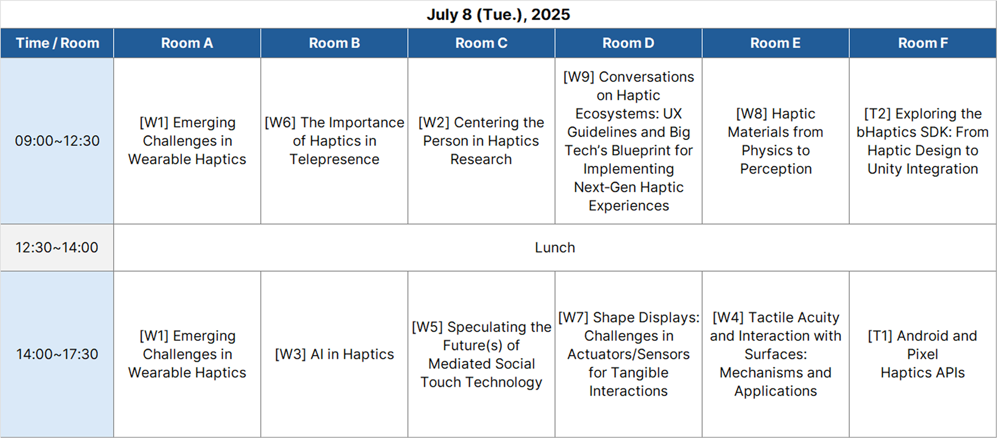 Workshops and Tutorials Timetable